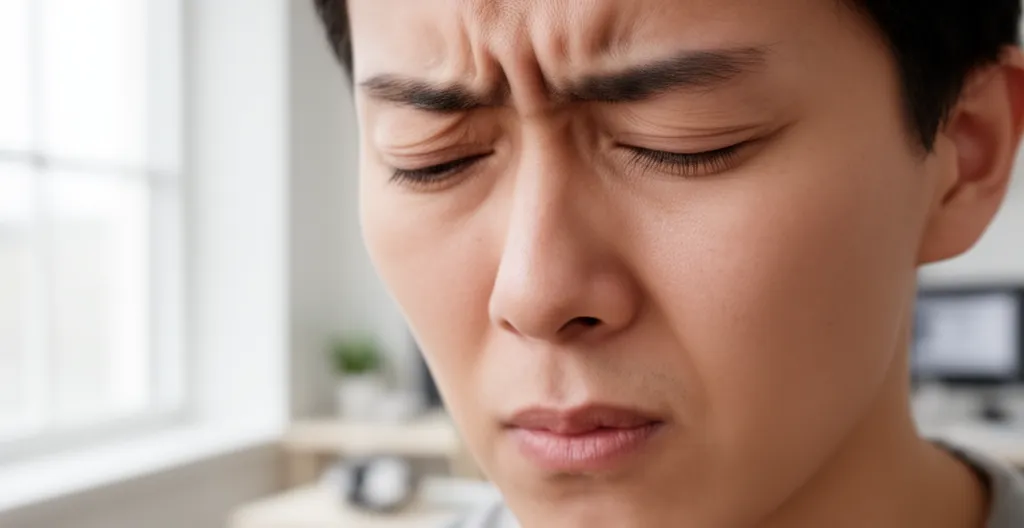 Gros plan visage personne concentrée avec légère tension, yeux mi-clos