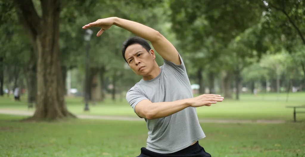 Personne faisant des étirements dans un parc, mouvement lent et vigilant
